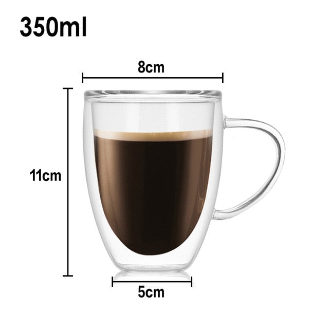 Set of 2 350ml Double Walled Coffee Tea Glasses Mugs With Handles